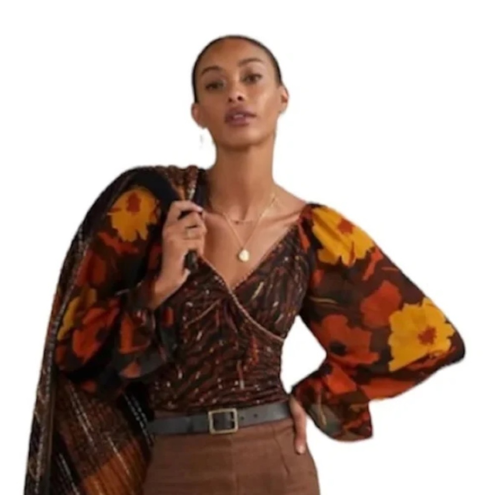 Conditions Apply Anthropologie Brown Floral Puff Sleeve Blouse XS NWOT